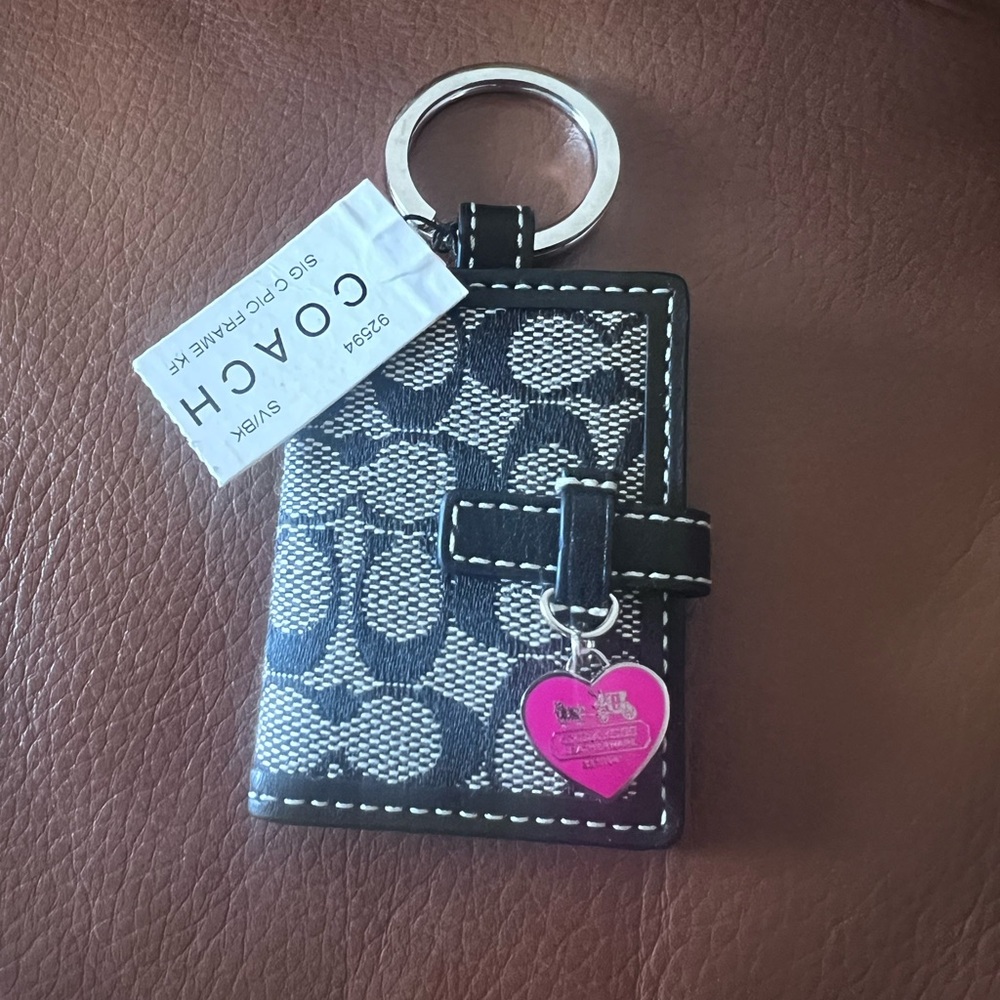 Coach Monogram Black and White photo album Keychain with Heart Charm Y2K